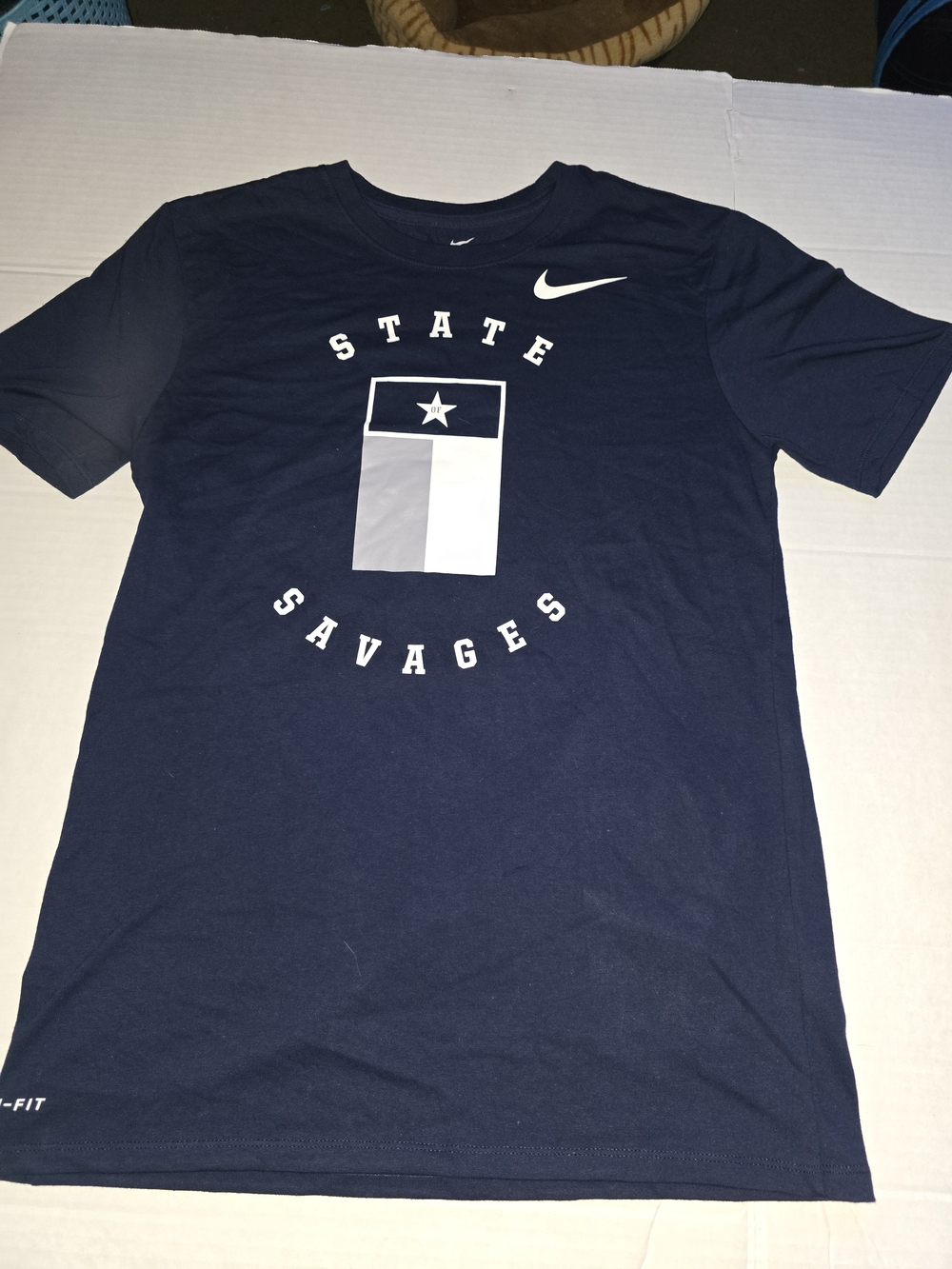 Authentic Nike sample shirt featuring “State Of Savages” graphic design in navy